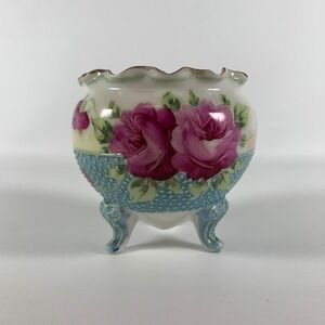 Nippon Cabbage Rose Moriage Beaded Footed Egg Shaped Porcelain Trinket Dish Bowl